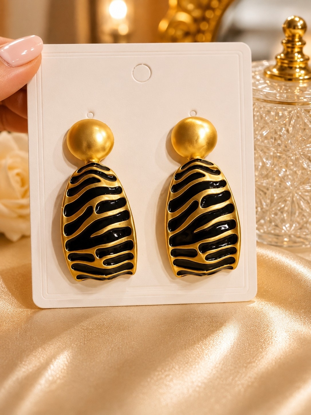 Gold and Black Zebra Drop Earrings